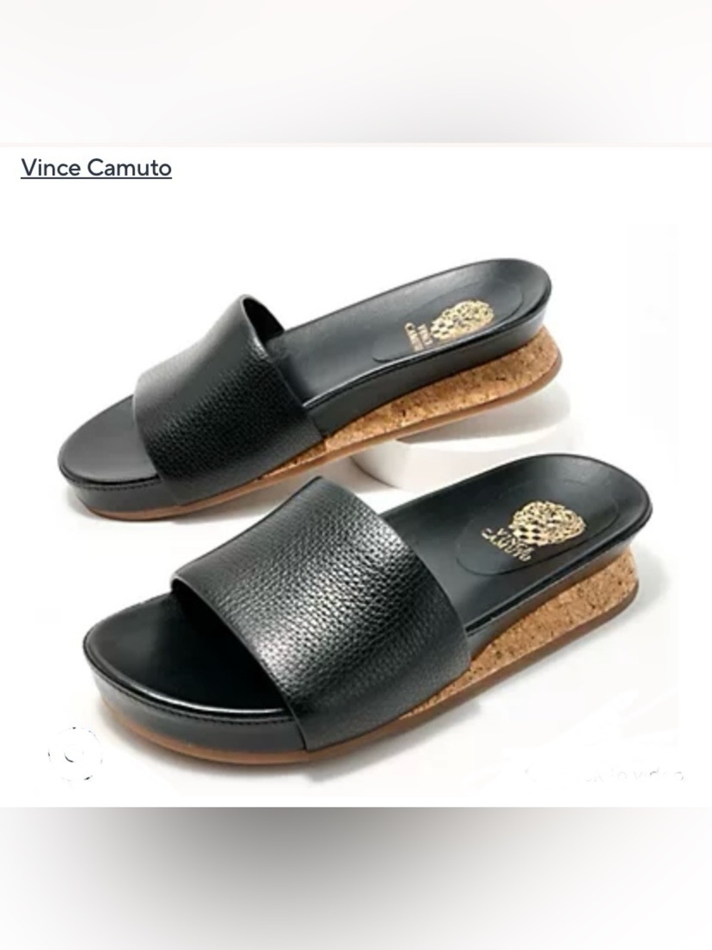 Vince Camuto Black Leather Cork Wedge Slide Sandals 8.5M